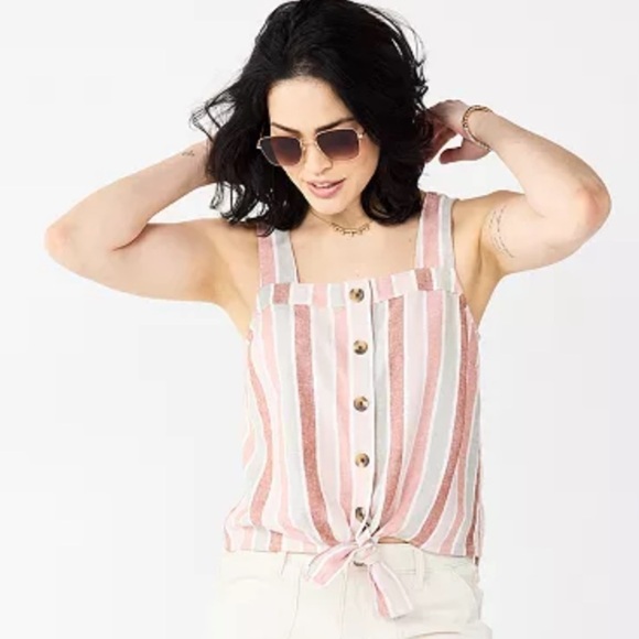 Sonoma Pink & Grey Stripe Linen Blend Tie Waist Button Up Thick Strap Tank XXL - Picture 1 of 10